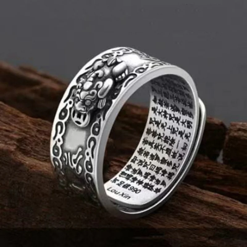 

99 Pure Silver Pixiu Ring Men'S Sterling Silver Heart Sutra Six Words Mantra Ring Personality Couple Rings Birthday Gift