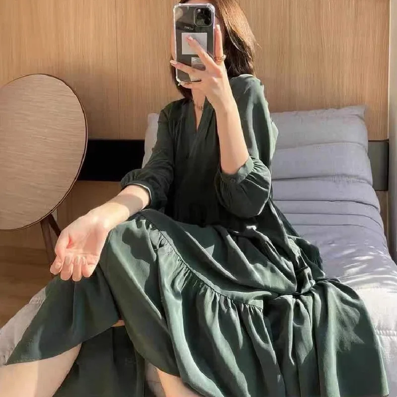 

High-end Double-faced 100% Mulberry Silk Crepe De Chine Dress French Romantic Accent V-neck Long Kaftan Skirt Women Cake Skirt