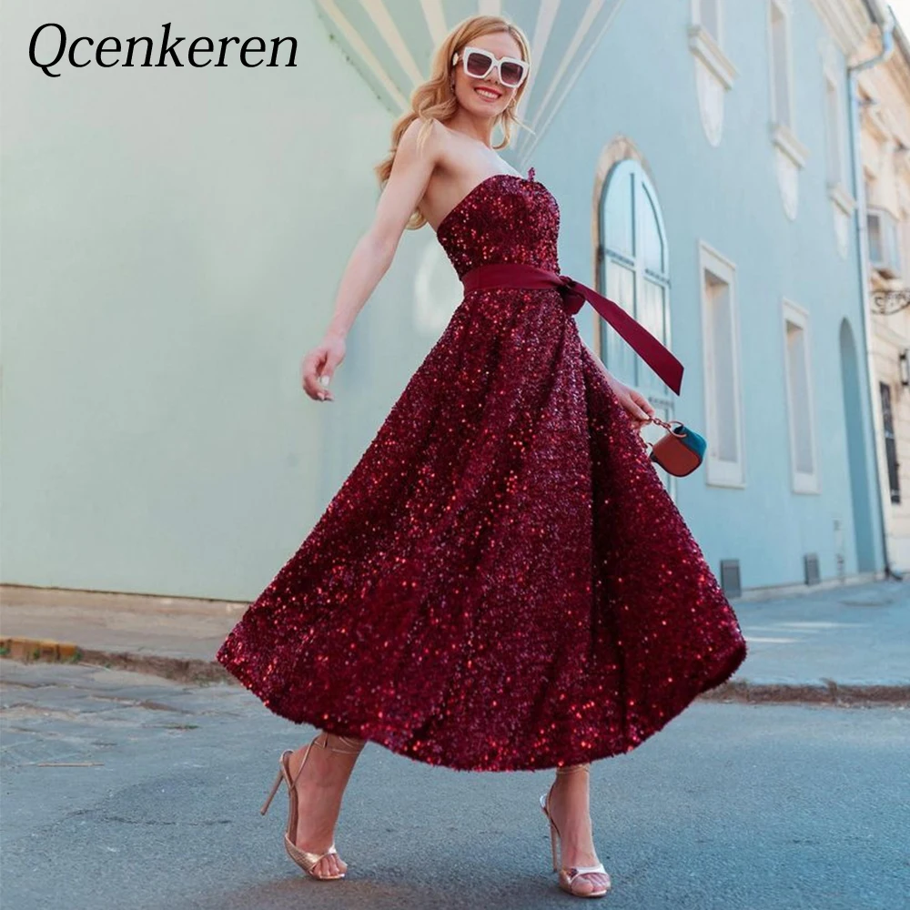 

Strapless Evening Formal Sheath Bespoke Occasion Tea-Length Party Dresses Gown Women Robes De Soirée 2022