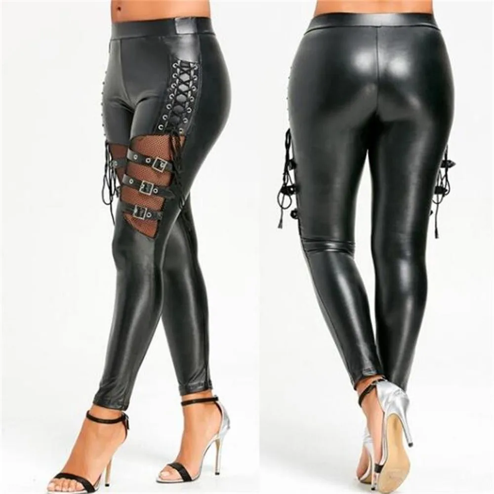 Women's Pants PU Leather Skinny Slim Trouser Gothic Punk Leggings Fishnet Hollow Out Trim Pants Woman Clothes Pencil Pants
