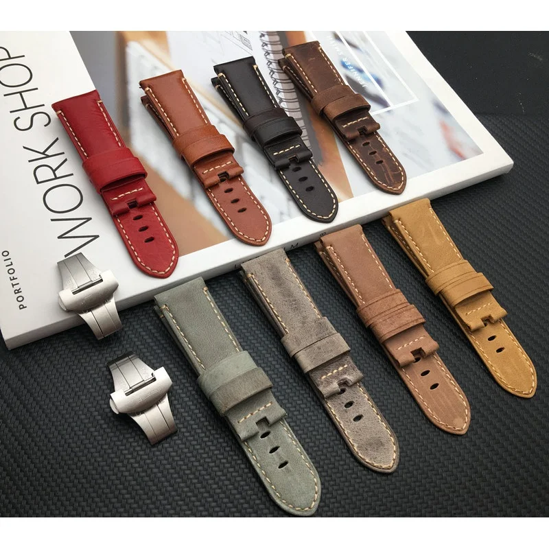

Ремешок для часов Panerai, винтажный браслет из натуральной кожи 24 мм, в итальянском стиле ретро, с пряжкой-бабочкой, коричневый и серый цвета