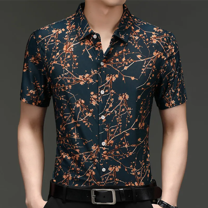 

Hawaiian Style Casual 80% Silk Shirts Men'S Short Sleeve Both Sides Chinese Nation Flower 2023 Beach Summer Clothes
