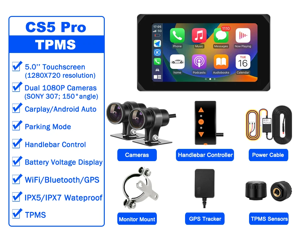 

VSYS Carplay Android авто мотоцикл DVR GPS навигация 5,0 ''сенсорный экран с фронтальной задней камерой 1080P TPMS режим парковки WiFi