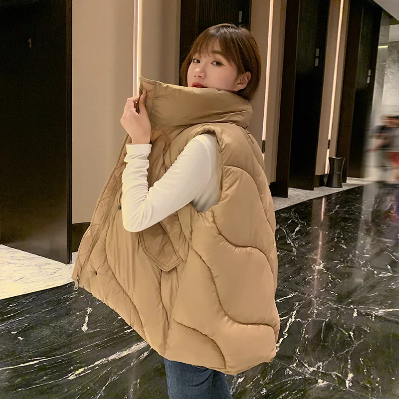 Autumn Winter New Women Cotton Vest Fashion Design Sense Large Pockets Casual Loose Plus Velvet Warm Solid Color Sleeveless Coat