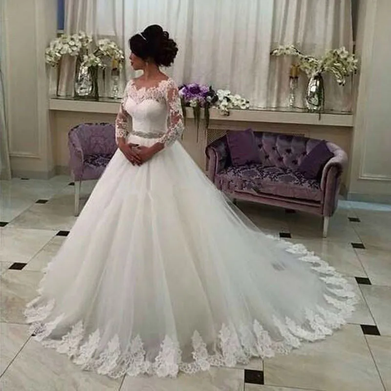 

Elegant Scoop Romantic Lace Wedding Dress Long Back 2016 casamento Three Quarter Sleeves Bridal Wedding Gowns vestido de noiva