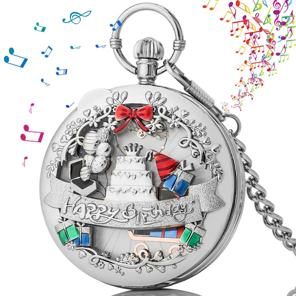 

New Fashion Music Pocket Watch Luxury Hollow Quartz Necklace Chain Clock Happy Birthday hollow Lovers Creative Collectibles Gift
