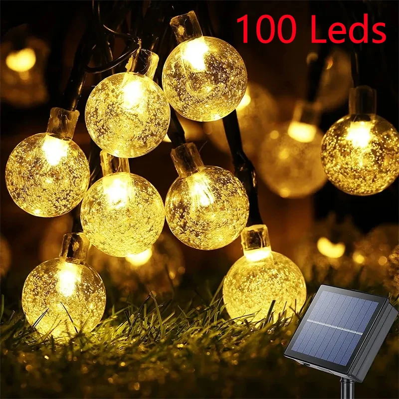 Solar String Lights Outdoor 100Led Crystal Globe Lights with 8 Modes Waterproof Solar Powered Patio Light for Party Garden Decor