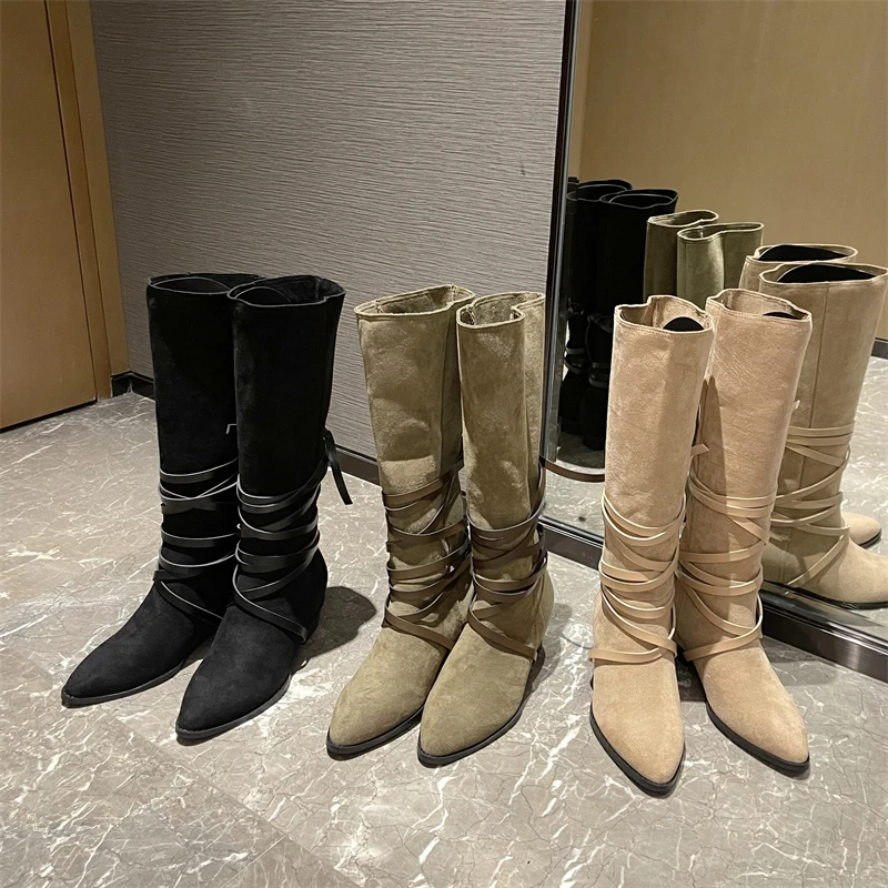 

Модные высокие рыцарские ботинки с острым носком на толстом каблуке новые тонкие дышащие женские ботинки обувь для женщин