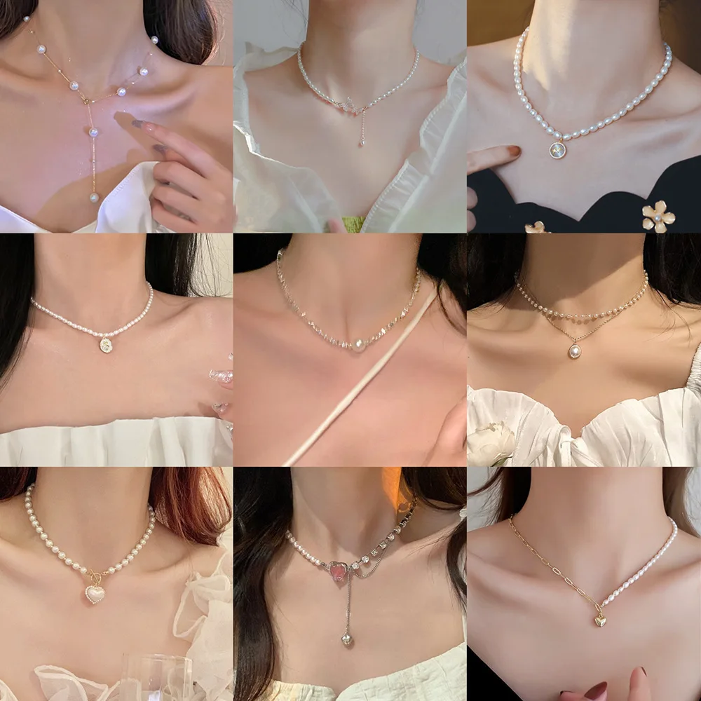 

New niche pearl necklace female all-match splicing love clavicle chain light luxury temperament beaded necklace