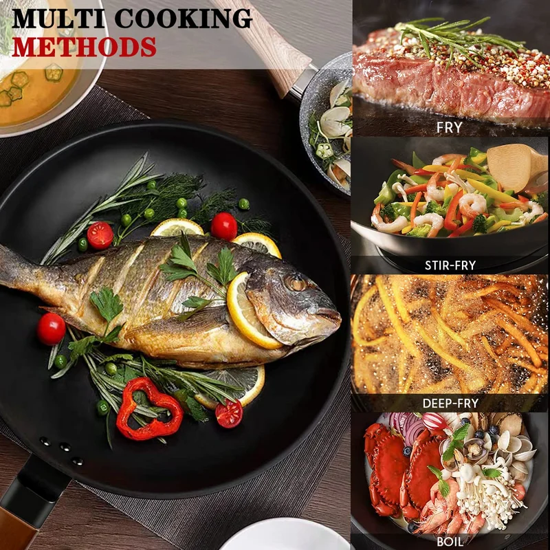 

Pcs Wok Pan with Lid, Carbon Steel Woks & Stir-Fry Pans and Kitchen Utensils Set, Size 13 ''