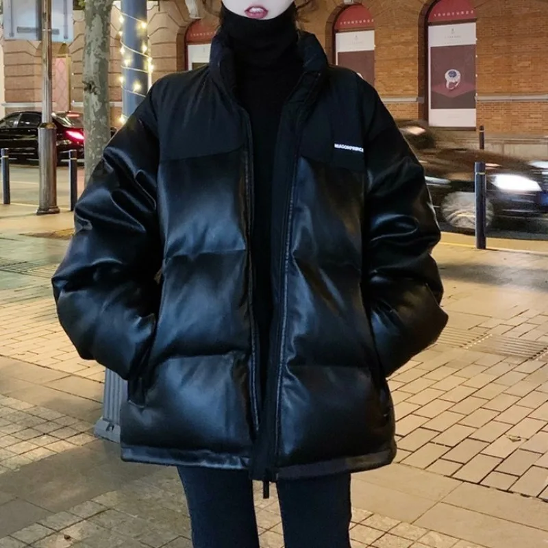 Women Parkas 2023 Winter PU Leather Warm Padded Jackets Stand Collar Thick Coat Female Causul Overcoat Oversize Outerwear Short
