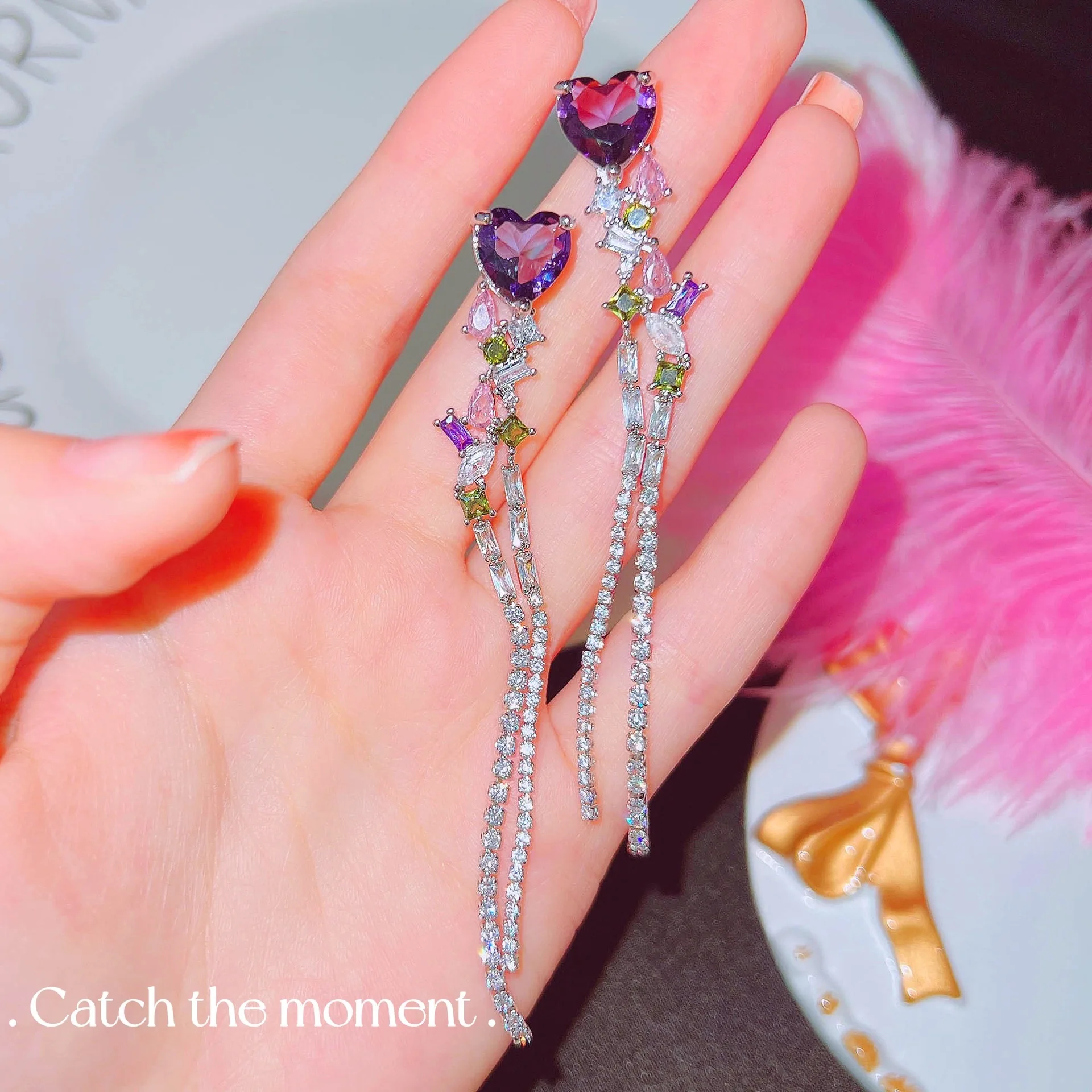 

Advanced Original Design Purple Heart Earrings Women Sparkling High Carbon Diamond Tassel Stud Earrings Luxury Jewelry Gifts