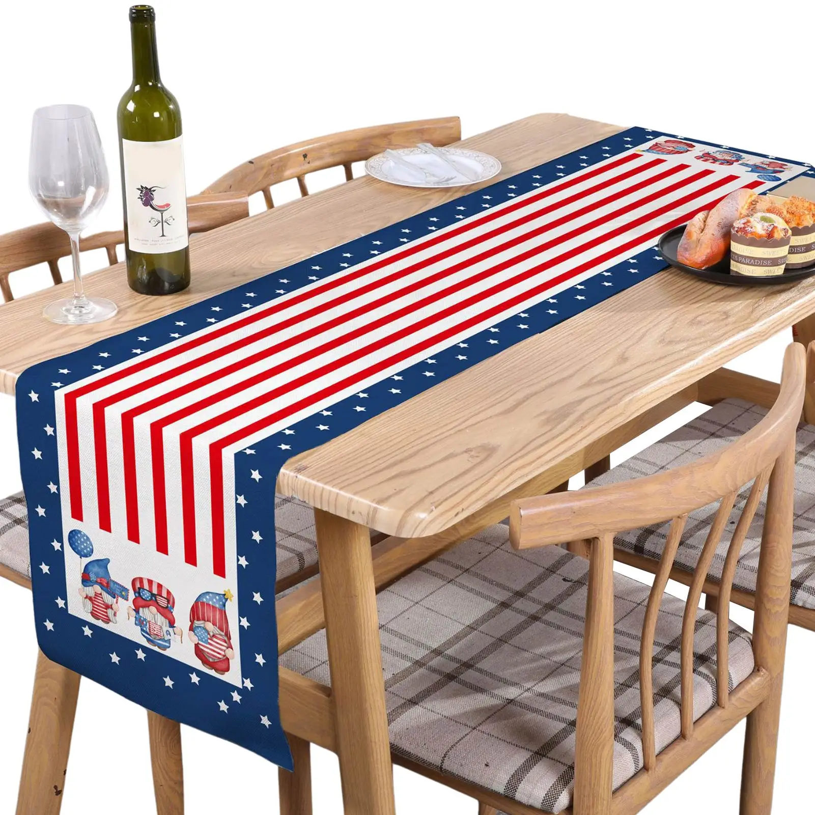 

4th Of July Gnomes Table Cloth Memorial Day Independence Day Gnome Table Runner With Strips & Stars Patriotic Spirits Gifts
