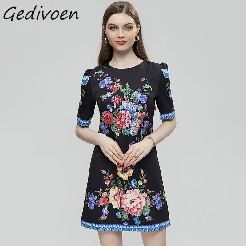 

Летнее модное дизайнерское роскошное свободное платье Gedivoen, женское праздничное мини-платье с круглым вырезом и коротким рукавом, украшенное бисером и цветочным принтом