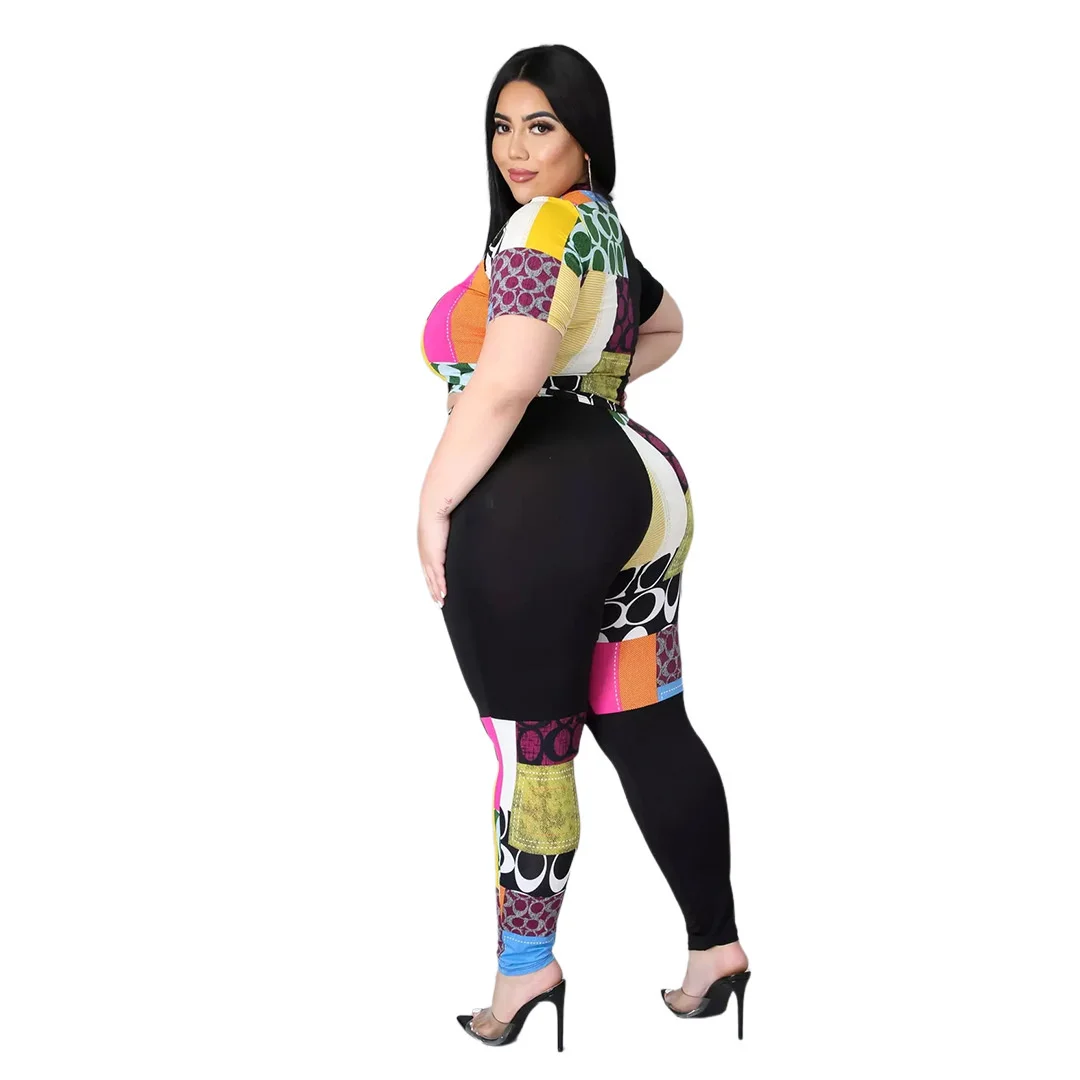 Plus Size Set Women Summer Clothing Fashion Printing Stitching Color Short Sleeve Top and Pant 2 Piece 3xl 4xl 5xl 6xl