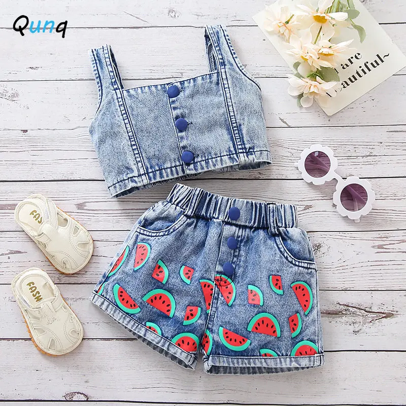 

Qunq 2023 Summer New Girls Fashion Denim Halter Vest Top + Watermelon Jean Shorts 2 Pieces Set Cute Casual Clothes Age 3T-8T