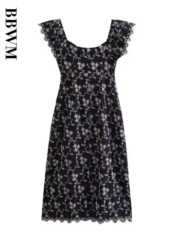 Embroidery Midi Dress Woman V Neck Vintage Short Sleeve Dress Women Summer Streetwear Dresses 2023 Chic Female Evening Dress