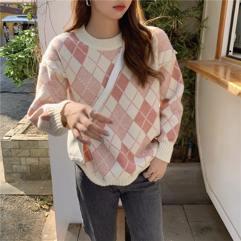 

Korean Color Matching Plaid Knitted Sweater Jumper Women 2022 Spring Autumn Round Neck Long Sleeve Knitwear Ladies Pullover Tops