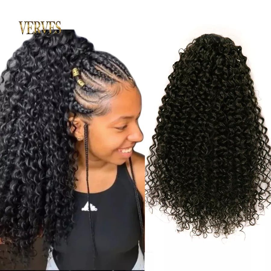 VERVES Synthetic Drawstring Puff Ponytail Afro Curly 16 Inch Hair Extension Clip In Pontail African Ombre Long Hair