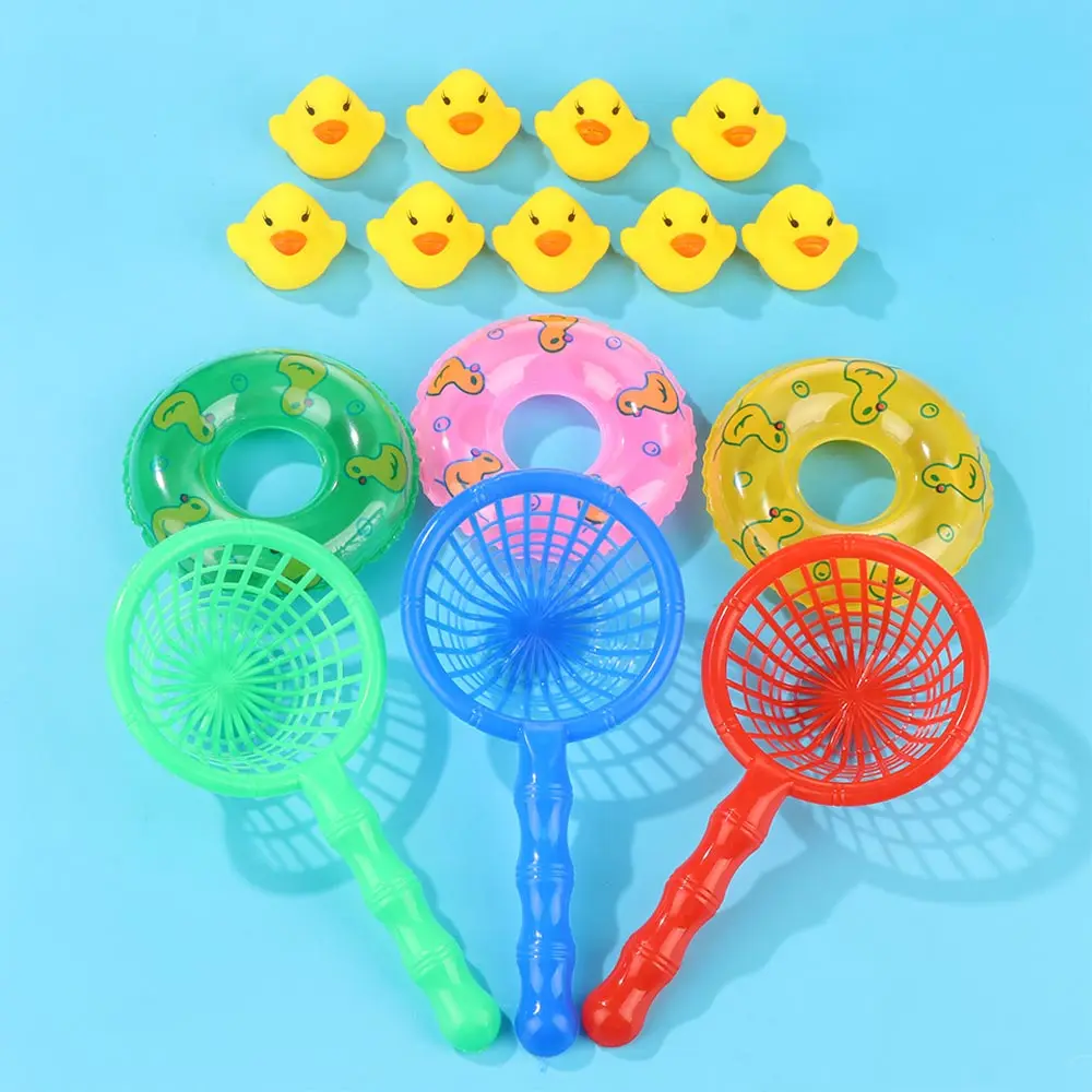 

1set kids Floating Bath Toys Mini Swimming Rings Rubber Yellow Ducks Fishing Net Washing Swimming Toddler Toys Water Fun