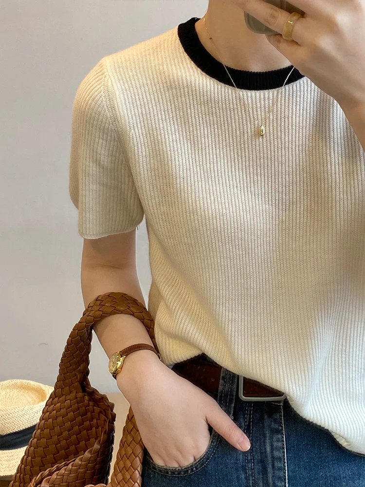 Женская футболка с коротким рукавом элегантная свободная тонкая трикотажная из