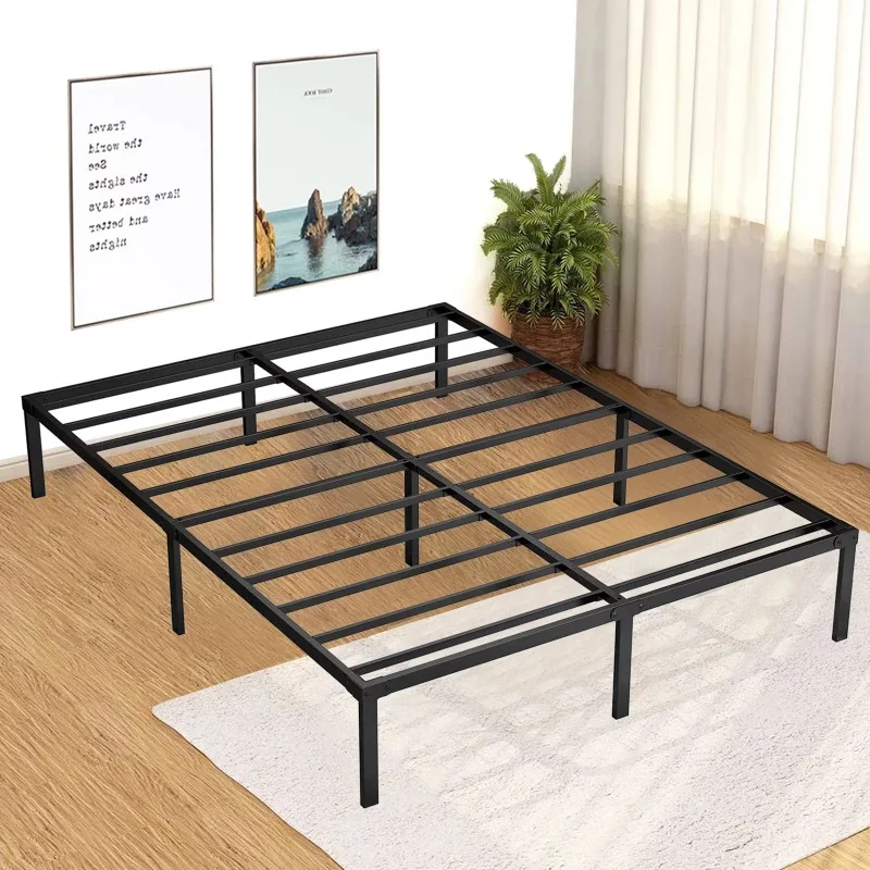 Queen Size Heavy Duty Beds No Box Spring Steel Slat Frames With Storage Black