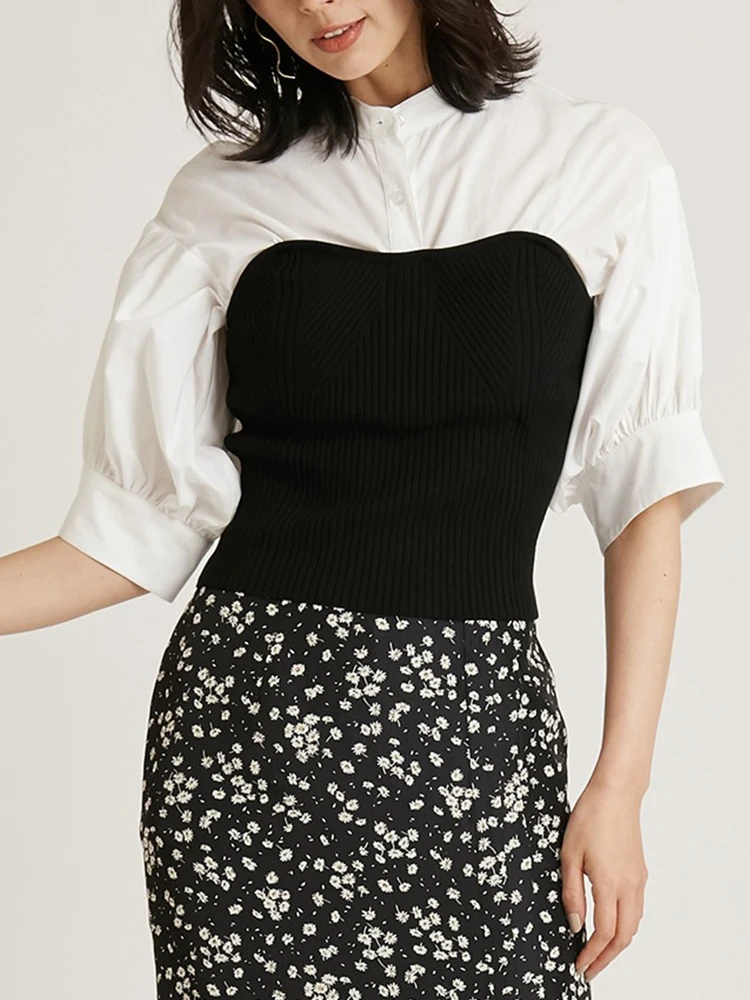 

2022 New Spring Women Spliced Knitted Puff Sleeve Slim Fit Blouse Pullovers Japan Style Elegant Office Lady Shirts Tops Femme