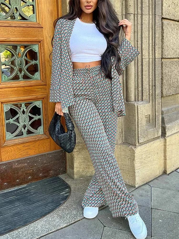 Women's Pajamas Set Geometric Pattern Print Loose Sleepwear Long-Sleeved Shirt Ethnic Style High Waist Straight Trousers Suit