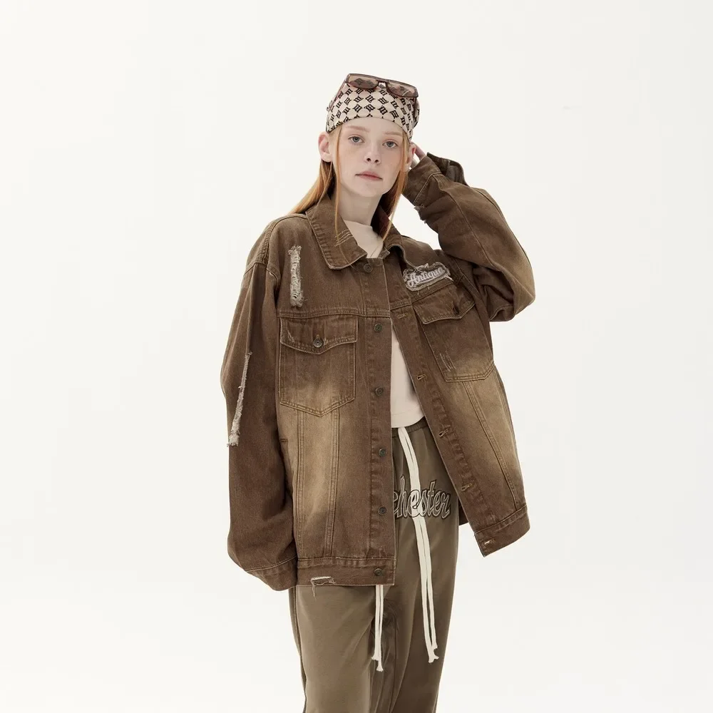 

Винтажные коричневые куртки с металлическими пуговицами, пальто, женская зимняя одежда 2022 Y2k из потертого денима для пары, Мужская одежда, уличная одежда для гранжа