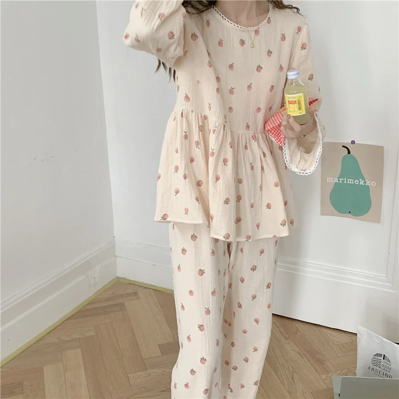 Ins Sweet Pajamas Peach Printed Ruffled Cotton Long Sleeve Sleepwear Women's Spring Trousers Home Clothes Two-piece Set