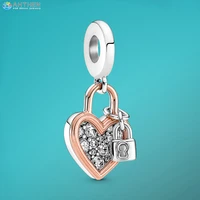 ahthen 925 sterling silver heart padlock double dangle charms fit original pandora bracelets or necklaces women diy jewelry