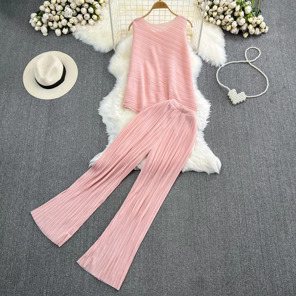 

Women Sleeveless O-Neck Loose Solid Vest+High Waist Straight Legging Two Pieces Female Summer Breathable Clothing Sets Outfit