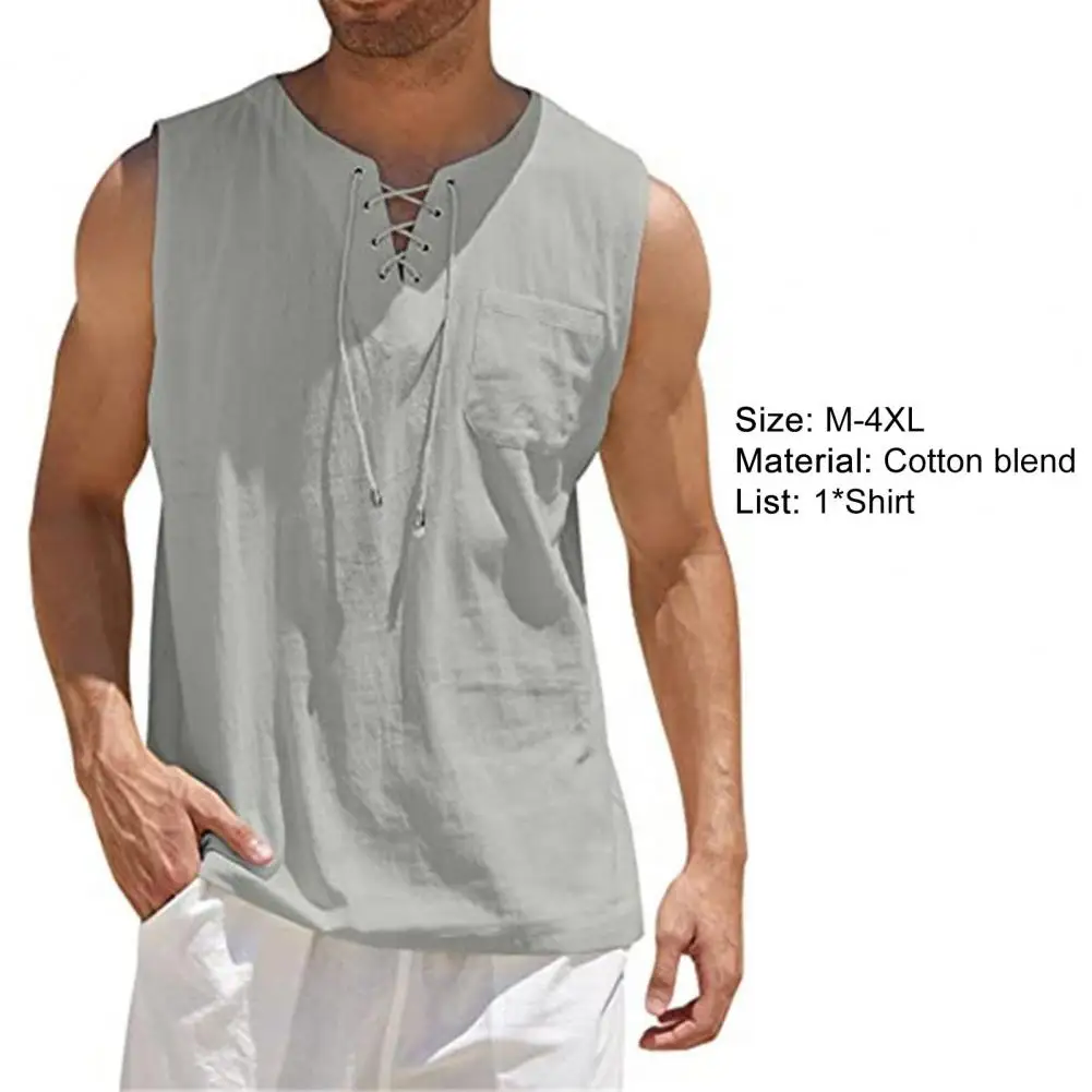 

Fashion Mens Summe Tank Tops Cotton Linen Casual Sleeveless Shirt Tops Loose Lace Up V-neck Pocket Tees Shirts Male Streetwear