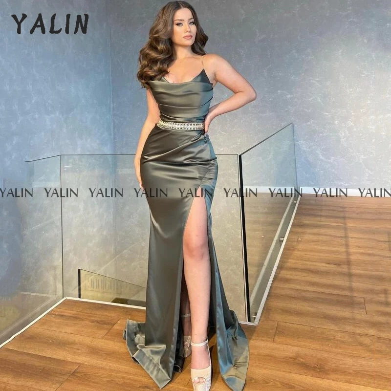 

YALIN Spaghetti Prom Grown Mermaid Silver Satin Evening Dress Backless High Slit Sexy abends kleider 2022 Plus Size