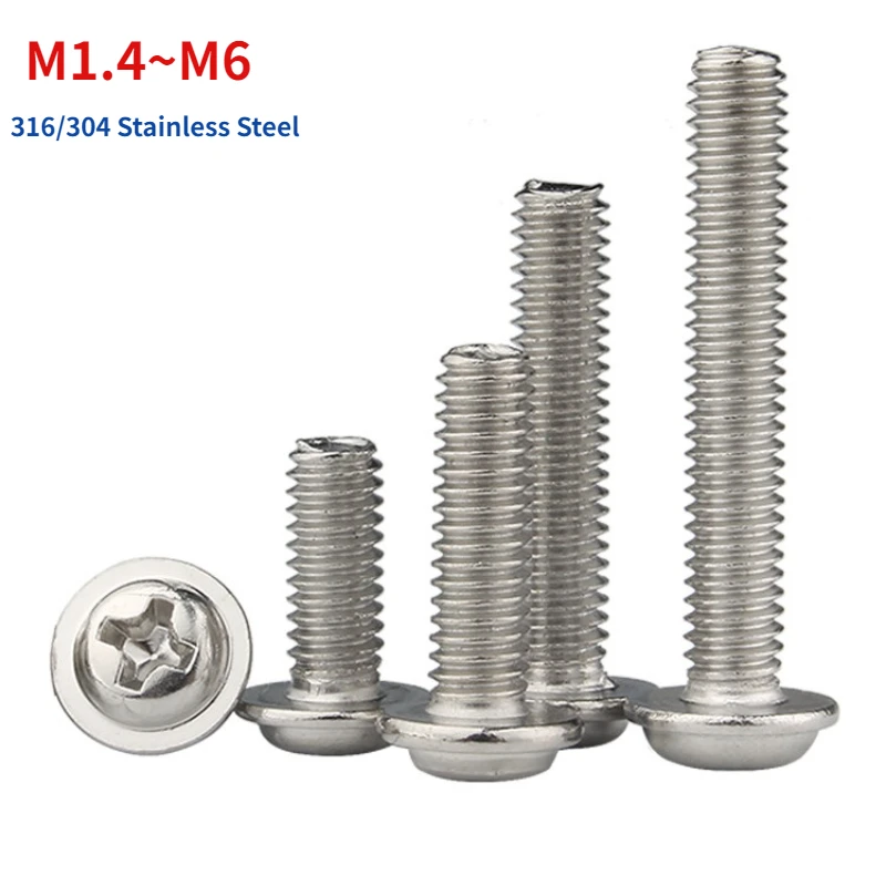 M1.4 ~ M6 316/304 нержавеющая сталь PWM DIN967 крест Phillips сковорода круглая ферма головка с шайбой мягкий воротник винт болт