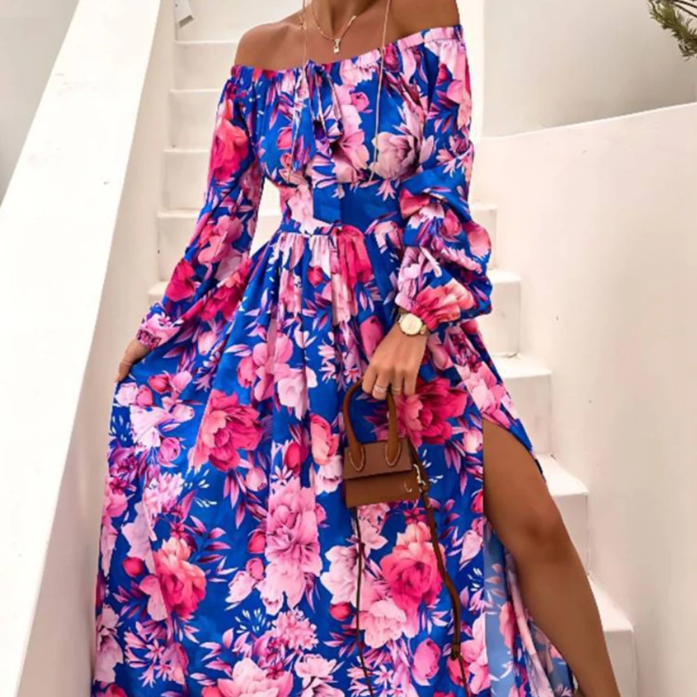 

Женское платье-макси с длинным рукавом, свободное платье-трапеция с принтом в стиле ретро, с открытой спиной и разрезом, большие размеры, вес...