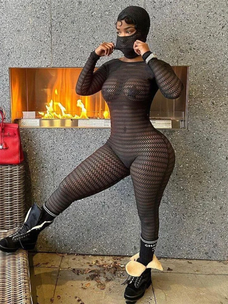 

2023 Summer Women's New Sexy Mesh Perspective High Waist Hooded Long Sleeve Tight Off Back Jumpsuit