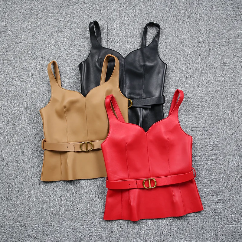 2022 New Sheepskin Camisole Lotus Leaf Hem Top Fashion High Waist Genuine Leather Jacket E25