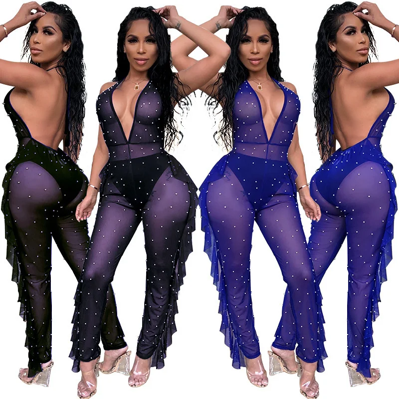 

Sylph Sexy Outfits For Woman Deep V Diamonds Mesh Patchwork Jumpsuit Combinaisons Body See-through Tassel Sleeveless Overalls