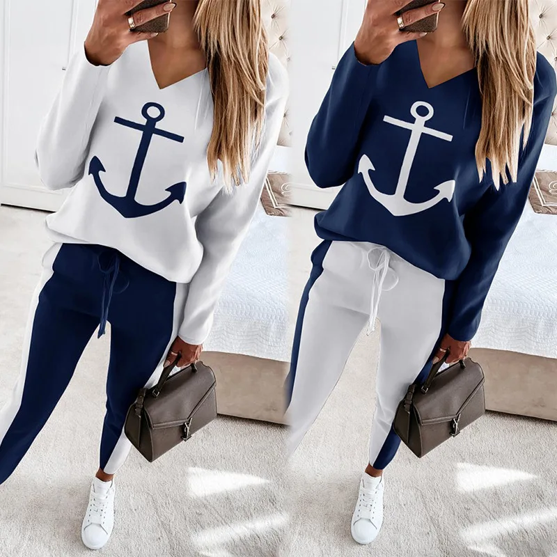 

2 Piece Set for Women Spring 2023 New Anchor Print Long Sleeve V-neck Fashion Casual Pants Set