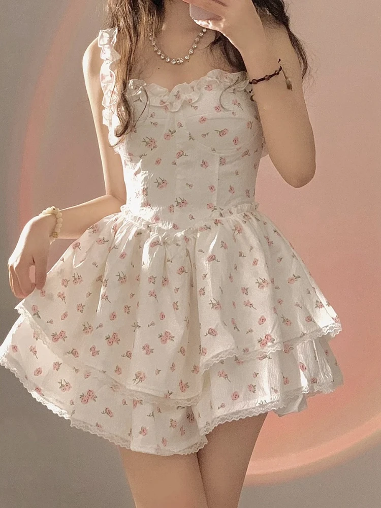 

2023 Summer Kawaii Dresses for Women Vintage Sleeveless Elegant Sweet Mini Dress Female Floral Print Korean Designer Strap Dress