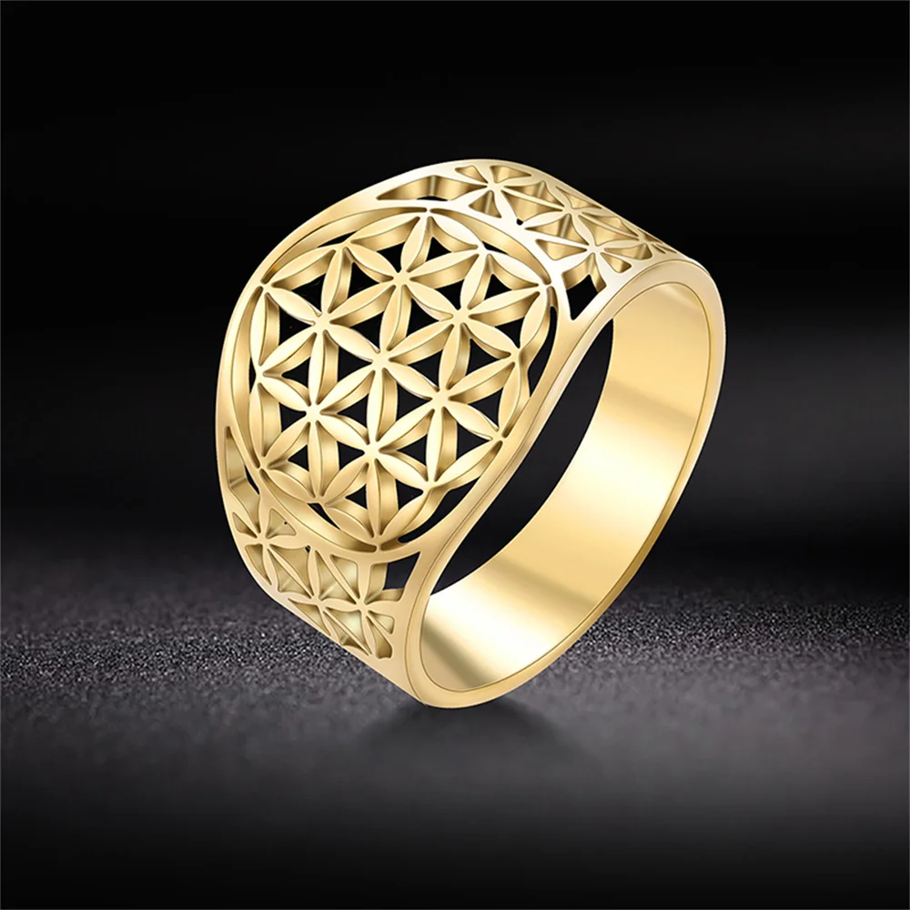 Egyptian Hollow Geometric Flower of Life Ring Israeli Stainless Steel Ring Men Women Accessories Jewish Filigree Viking Jewelry