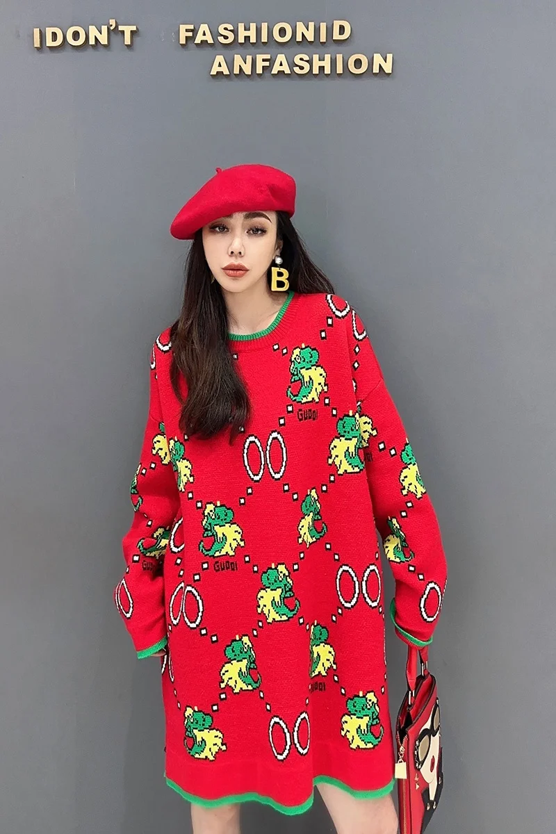 Новинка весна-осень 2024 свитер средней длины вязаный пуловер классический принт