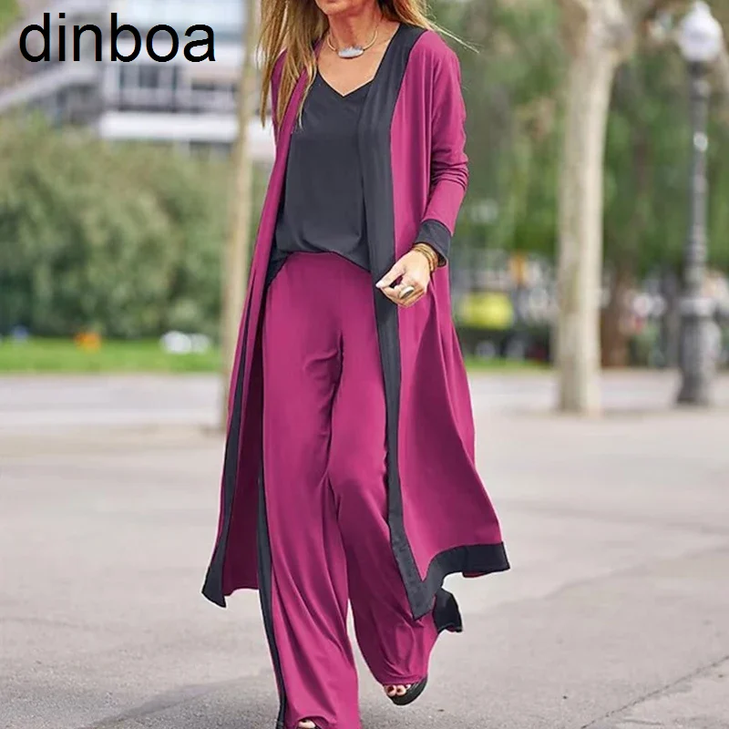 

Dinboa- Homewear Loose Outfit 2023 Casual Female Elegant Three Piece Set Tank Tops+long Cardigan Coat +long Pants Matching Suits