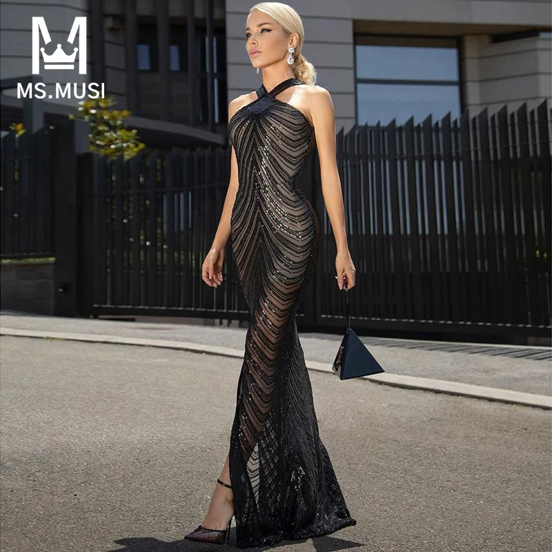 MSMUSI 2023 New Fashion Women Sexy Halter Sequins Lace Mesh Sleeveless Backless Bodycon Party Club Slit Maxi Dress Long Gown