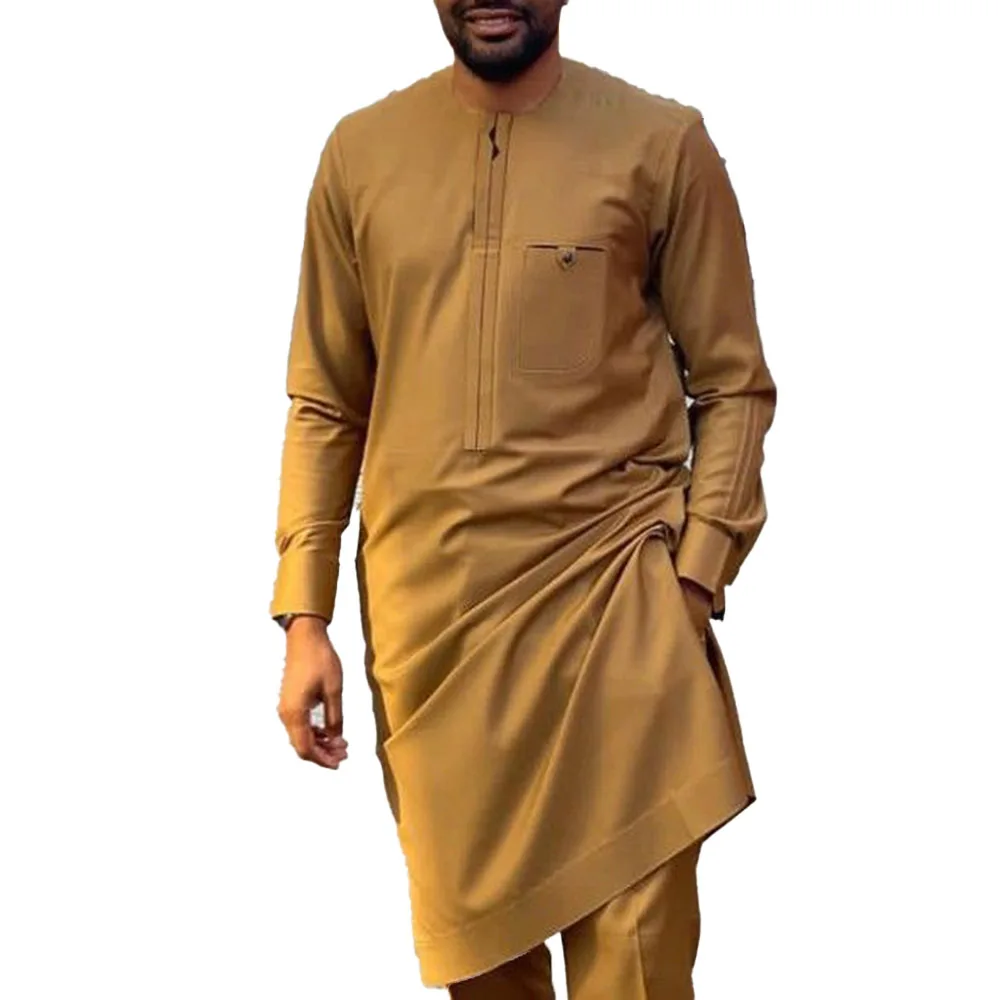 African Men Traditional Outfit 2 Piece Long Sleeve And Pant Sets Hippie Men Fashion Muslim Sets Thobe 2023 European Clothing