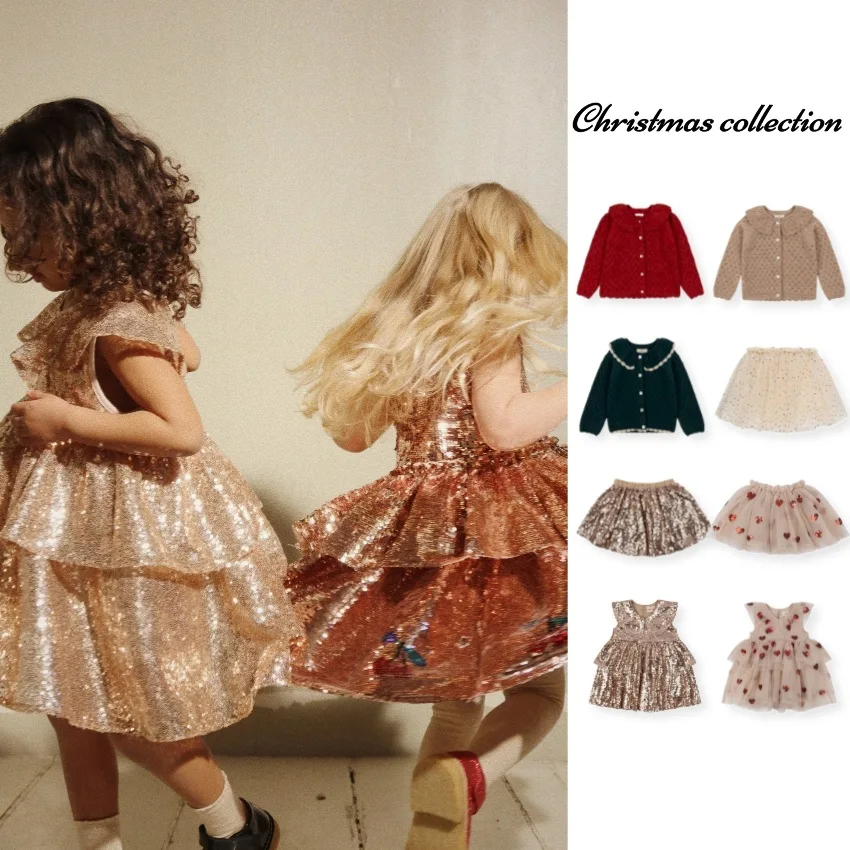 Girls Dresses 23 KS Fall/Winter Christmas Girls Love Sequin Gauze Dress Girl Princess Dress Kids Dress Girl Lapel Knit