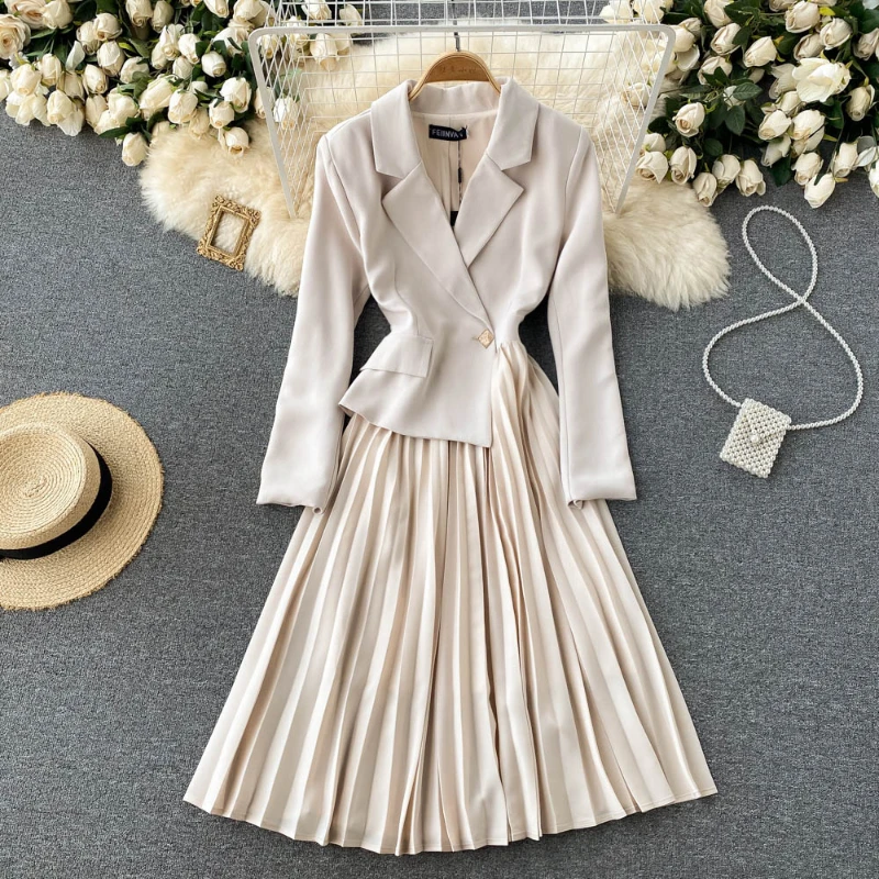 

Elegant French Pleated Dress Women Design Notched Collar Long Sleeve A-line Robe 2022 Autumn Chic Korean Midi Vestido Mujer