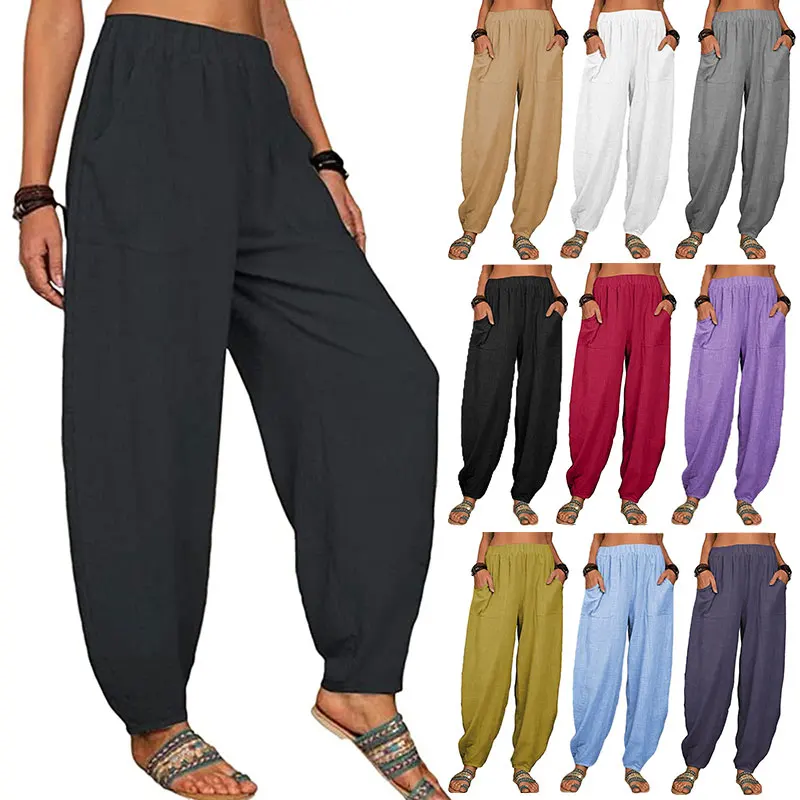 Wide Leg Trousers Women Summer Cotton Linen Harem Pants Elastic Waist Solid Loose Casual Vintage Pockets Trousers Home Wear