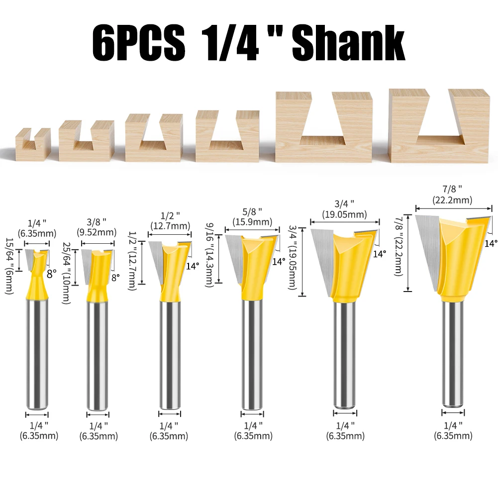 Набор фрез с хвостовиком «ласточкин хвост» 1/4 1/2 дюйма, набор фрез «ласточкин хвост», набор фрез «ласточкин хвост», 14-градусный фрезерный станок для дерева